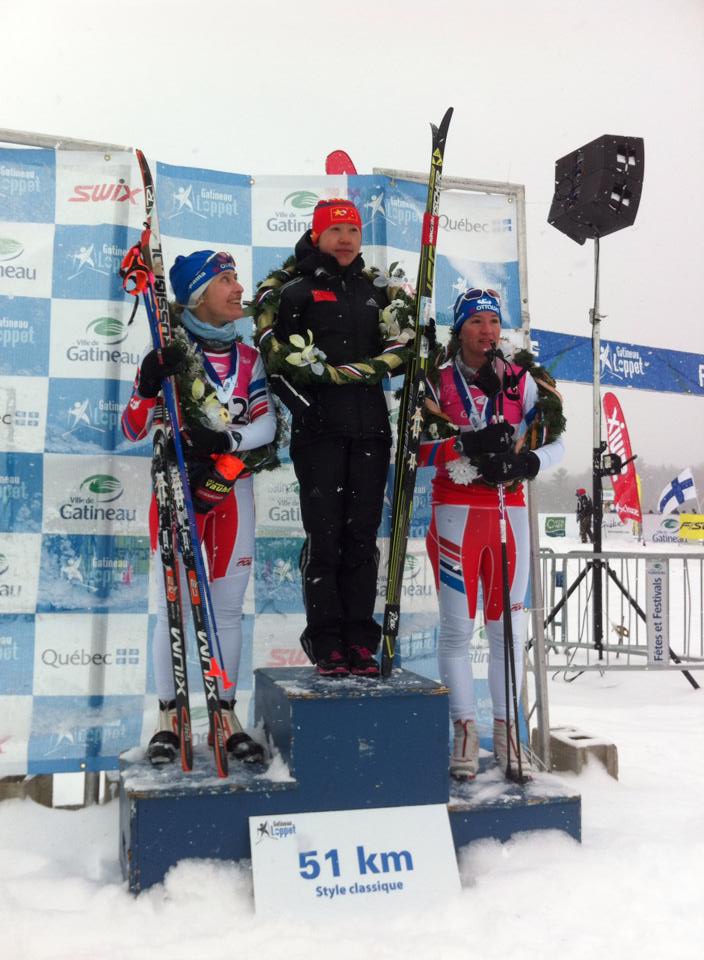 51 km podium with LiHongxue and my XC Ottawa teammate Ingrid Hagberg (Gatineau Loppet Photo)